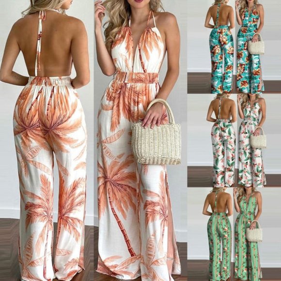 Summer Women Jumpsuits Outfits Tropical Print Halter V Neck Jumpsuit - Picture 1 of 5